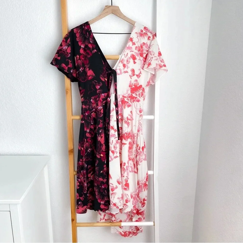 Lewit Double Print Floral Stretch Silk Midi Dress Asymmetrical Plunge V-Neck 4